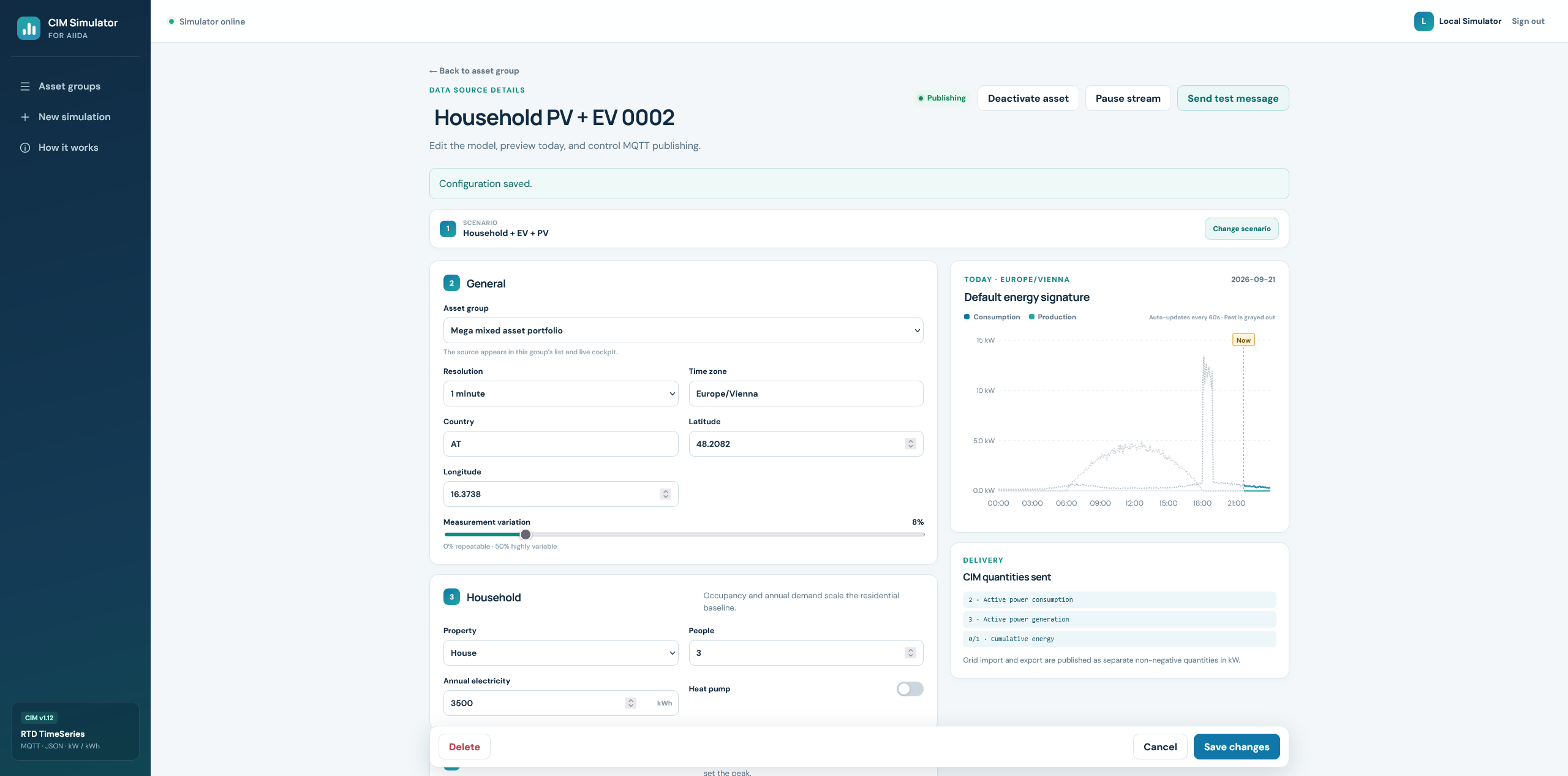 GridBench interface showing the configuration of a simulated household