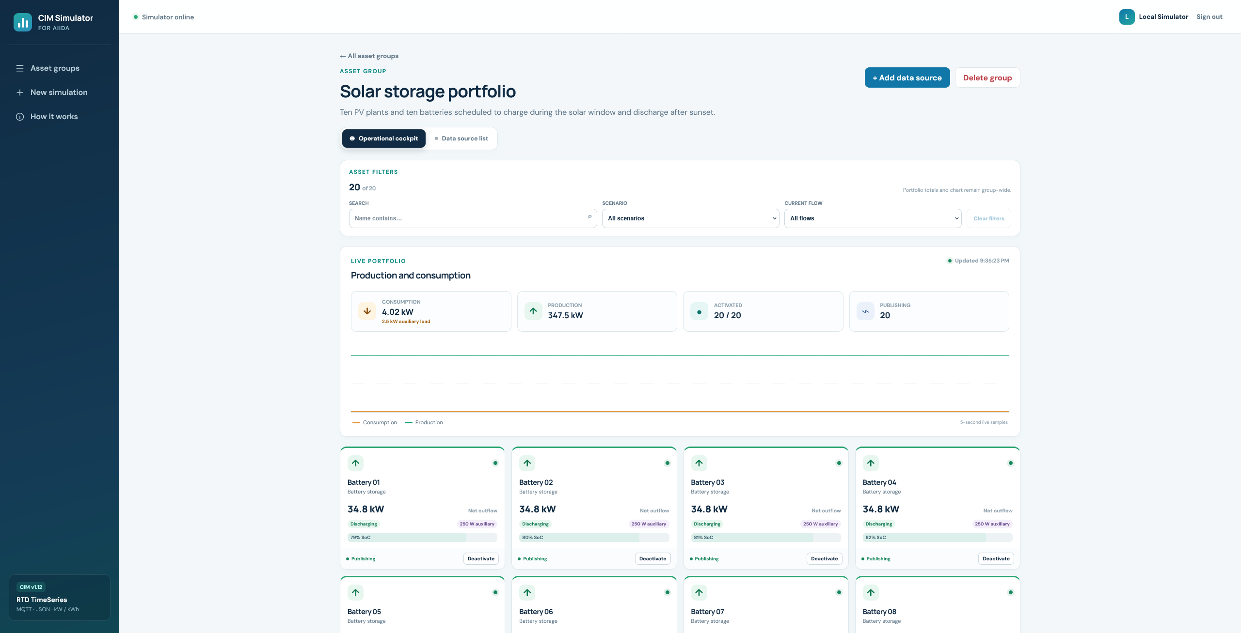 GridBench interface showing a simulated portfolio of energy assets