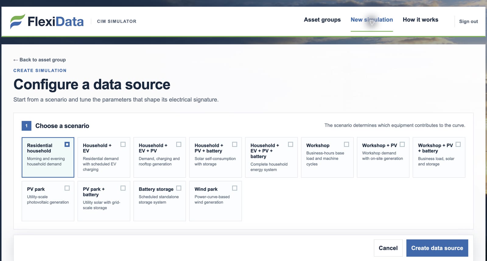 GridBench interface for selecting an energy simulation scenario